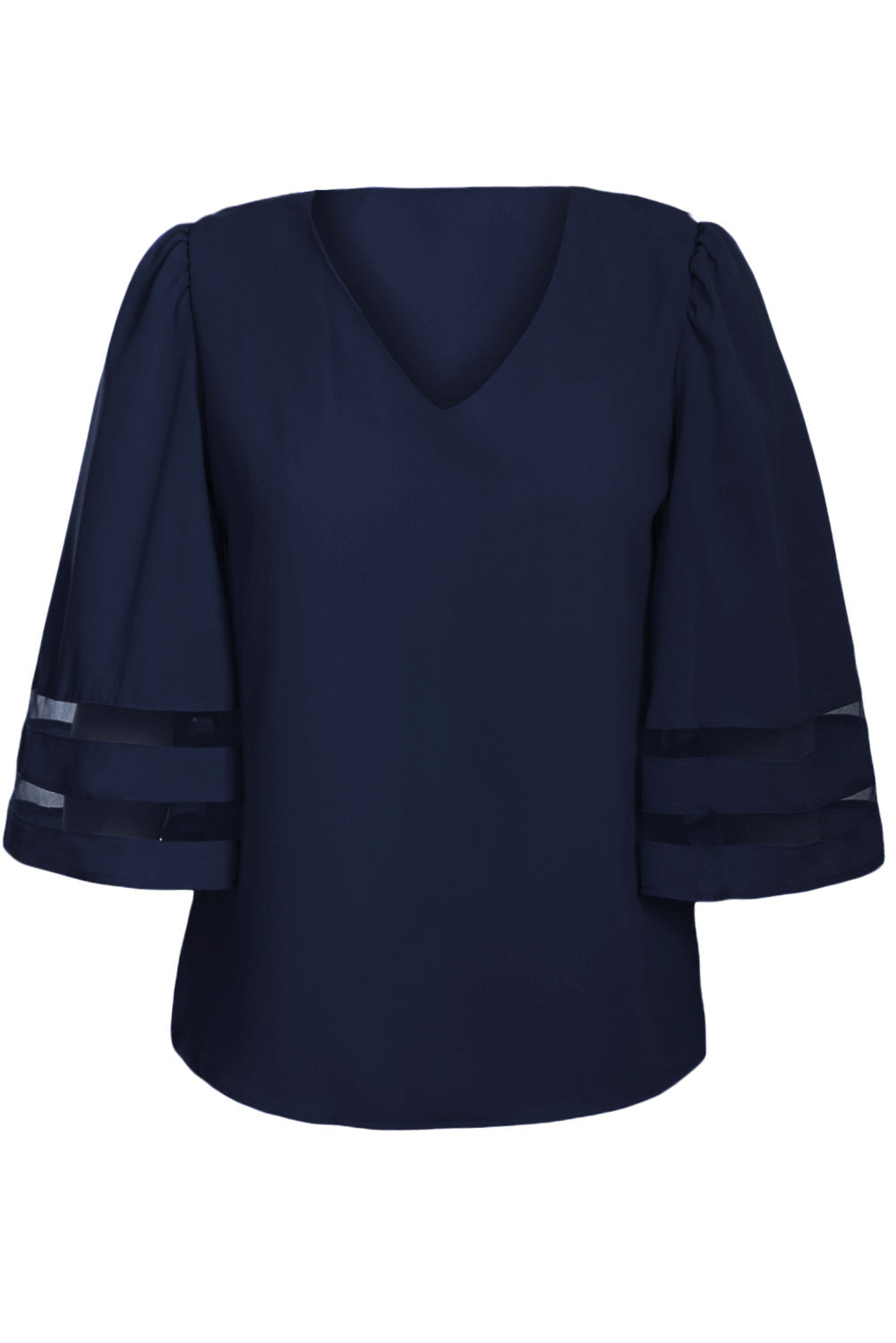 Blouse for Women V Neck Loose Women's Chiffon Navy Blue Flare Sleeve