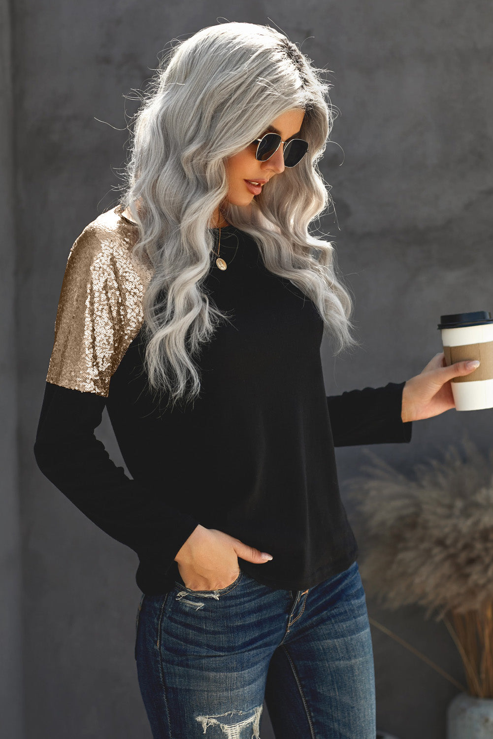 Women's Top Featuring New Black Sequin Shoulder Long-Sleeve