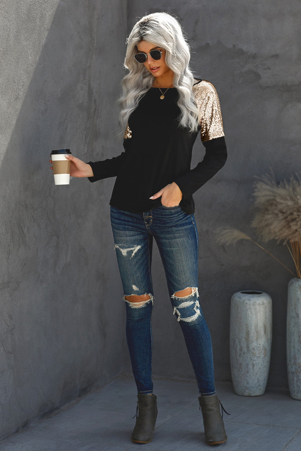 Women's Top Featuring New Black Sequin Shoulder Long-Sleeve