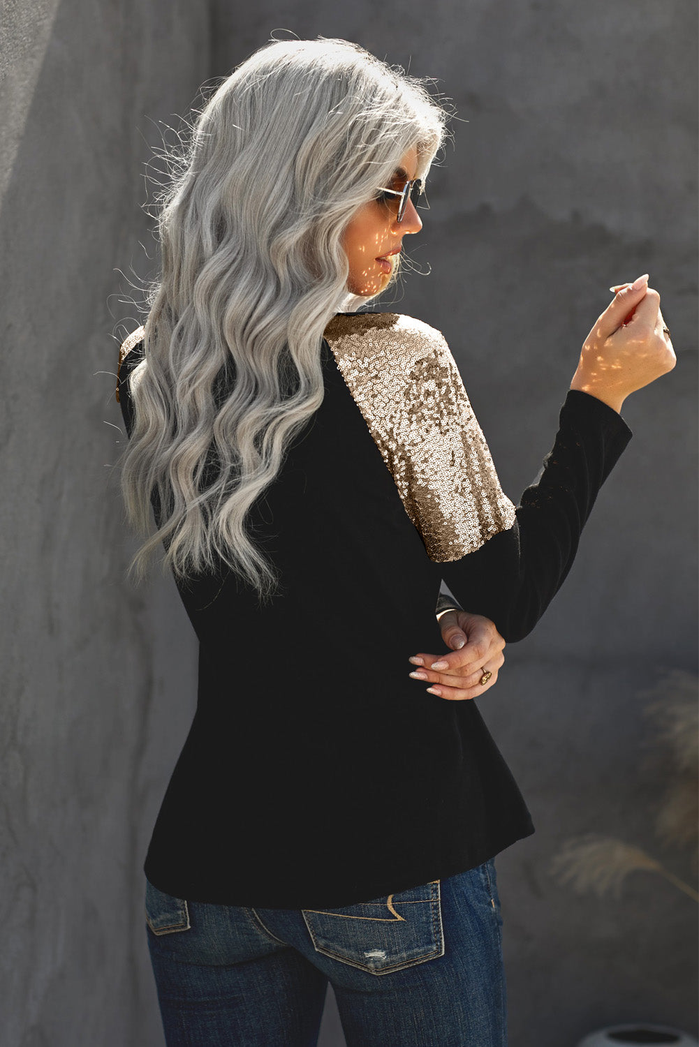 Women's Top Featuring New Black Sequin Shoulder Long-Sleeve