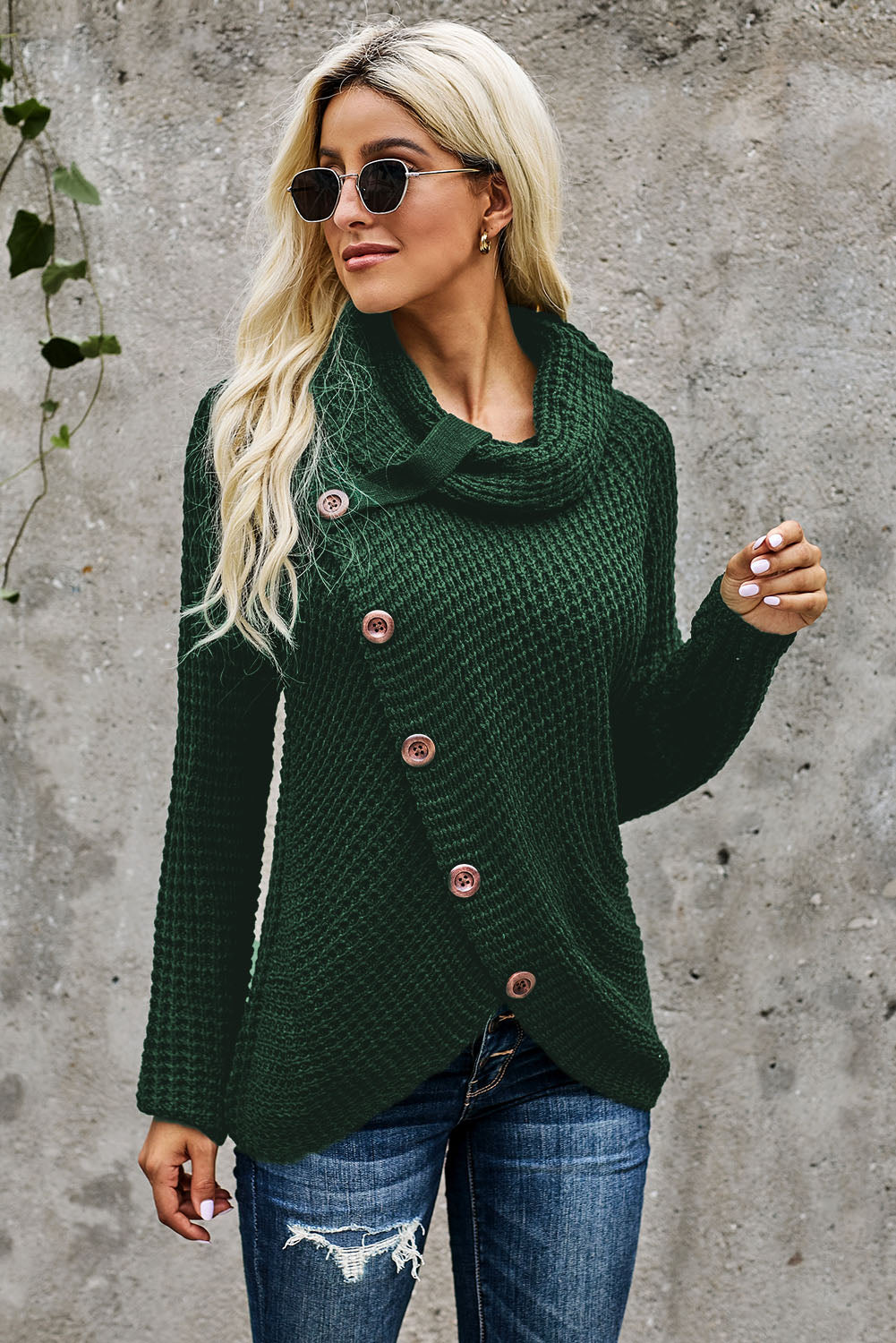 Turtleneck Sweater for Women Wrap Olive Green Button-Front
