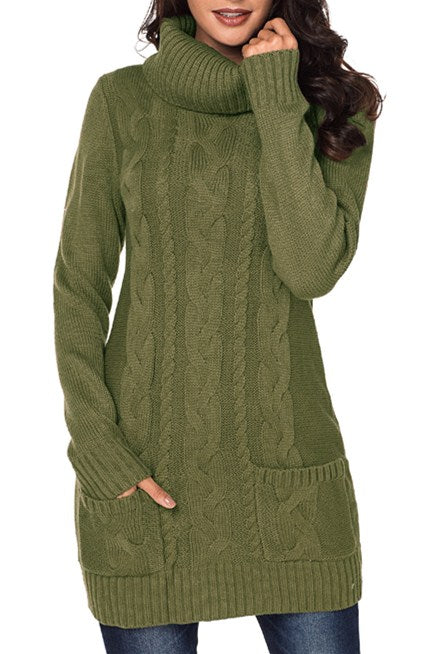 Women's Olive Cowl Neck Pocket Cable Knitted Sweater Dress