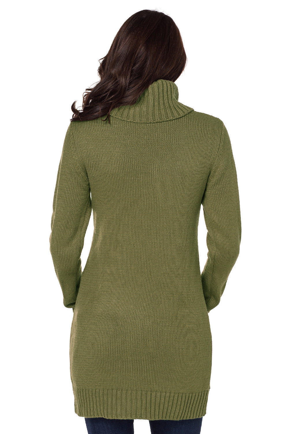 Women's Olive Cowl Neck Pocket Cable Knitted Sweater Dress