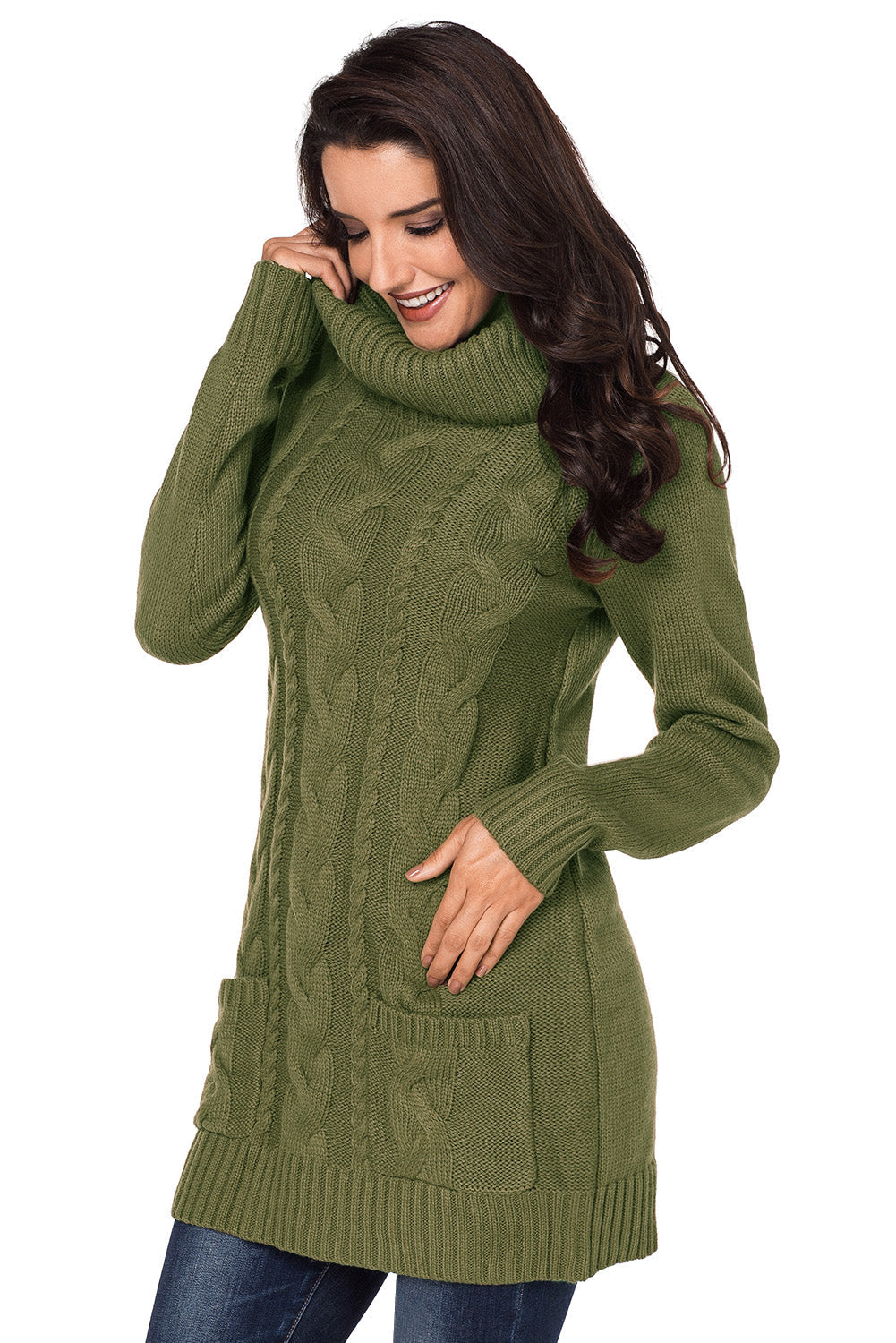 Women's Olive Cowl Neck Pocket Cable Knitted Sweater Dress