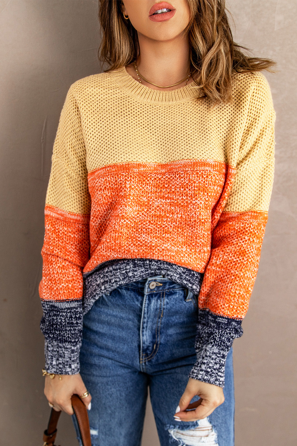 Sweater for Women Color-Block Orange Blue