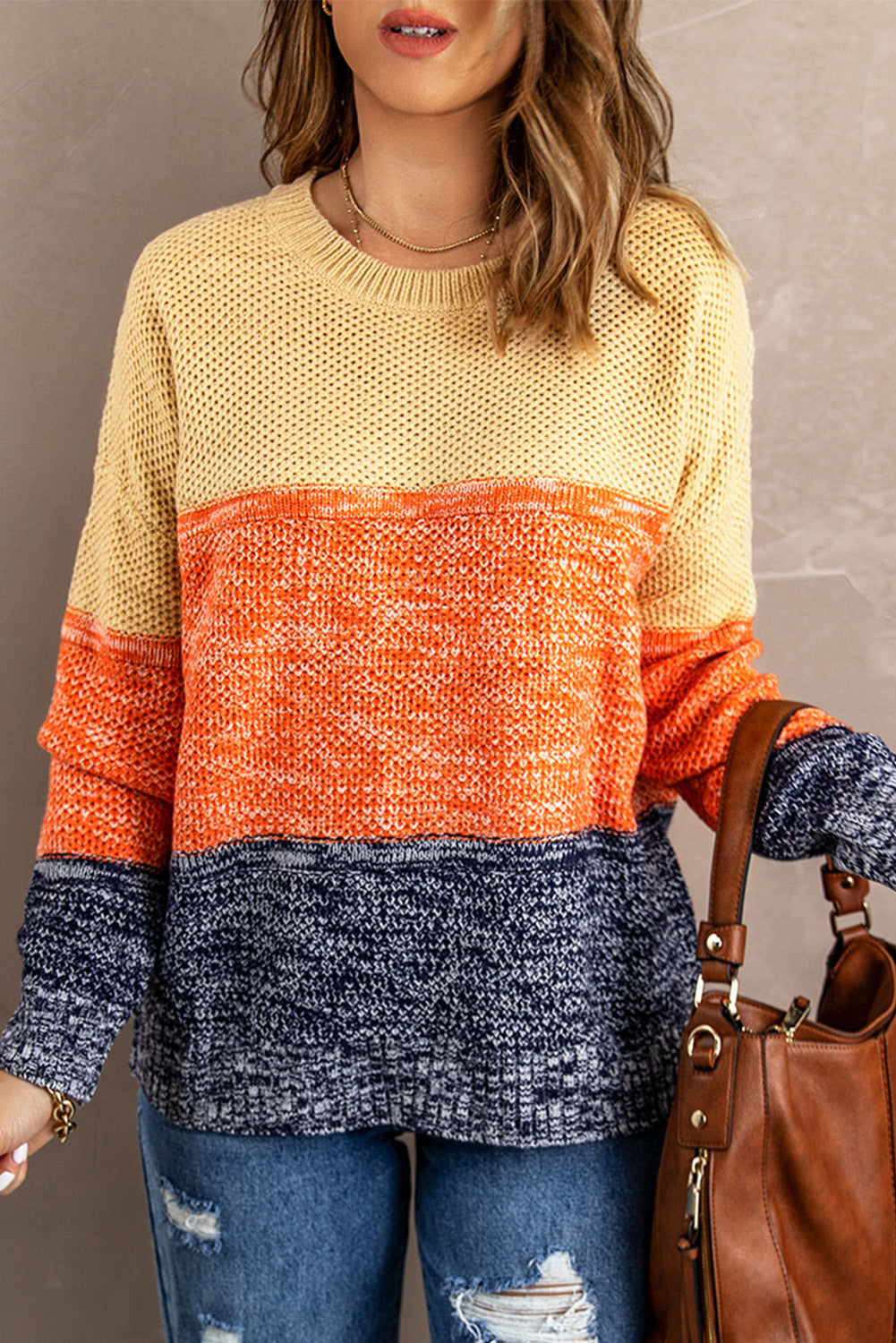 Sweater for Women Color-Block Orange Blue