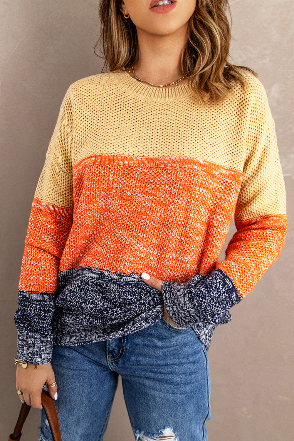 Sweater for Women Color-Block Orange Blue