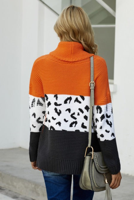Pullover Sweater for Women Turtleneck Splicing Chunky Knitted Orange Color-Block