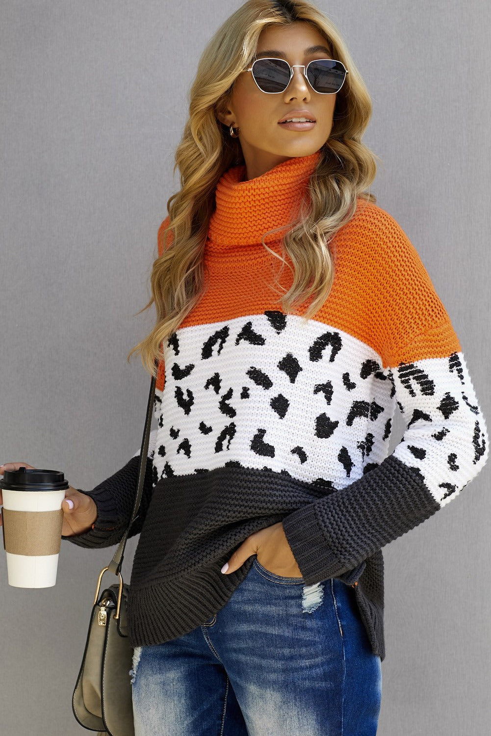 Pullover Sweater for Women Turtleneck Splicing Chunky Knitted Orange Color-Block
