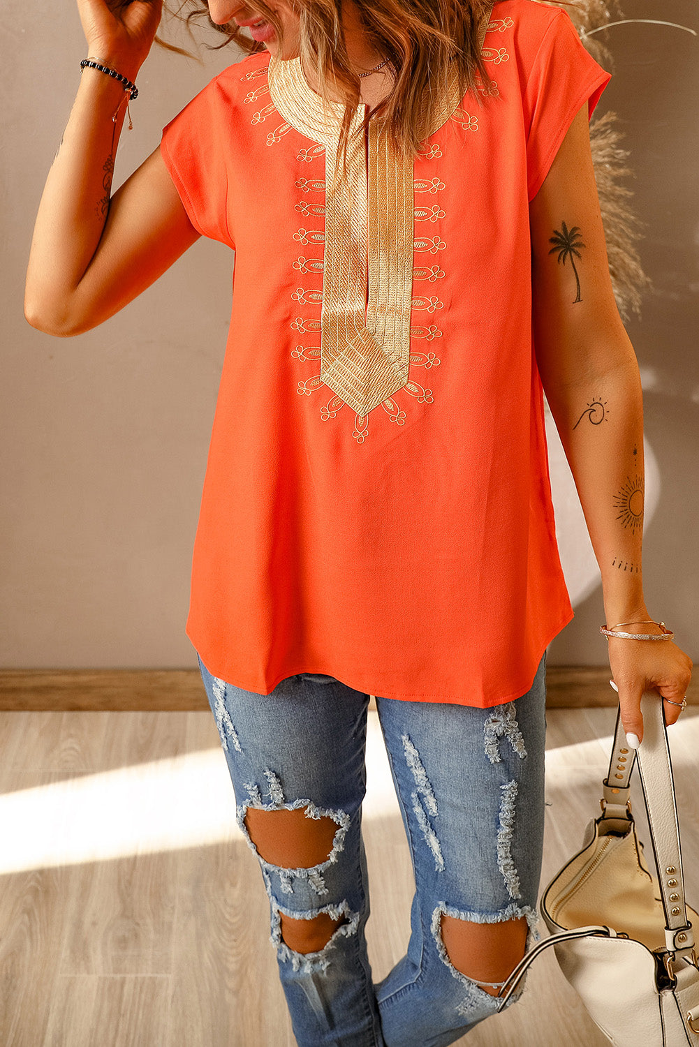 Blouse for Women Printed Neck Shift Orange Short-Sleeve Bohemian