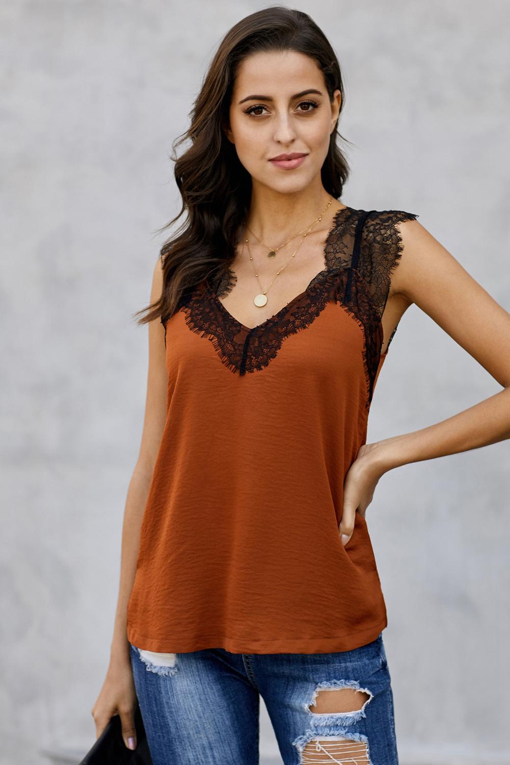 Women's One More Night Lace-Trimmed Camisole Orange Sleeveless Tank