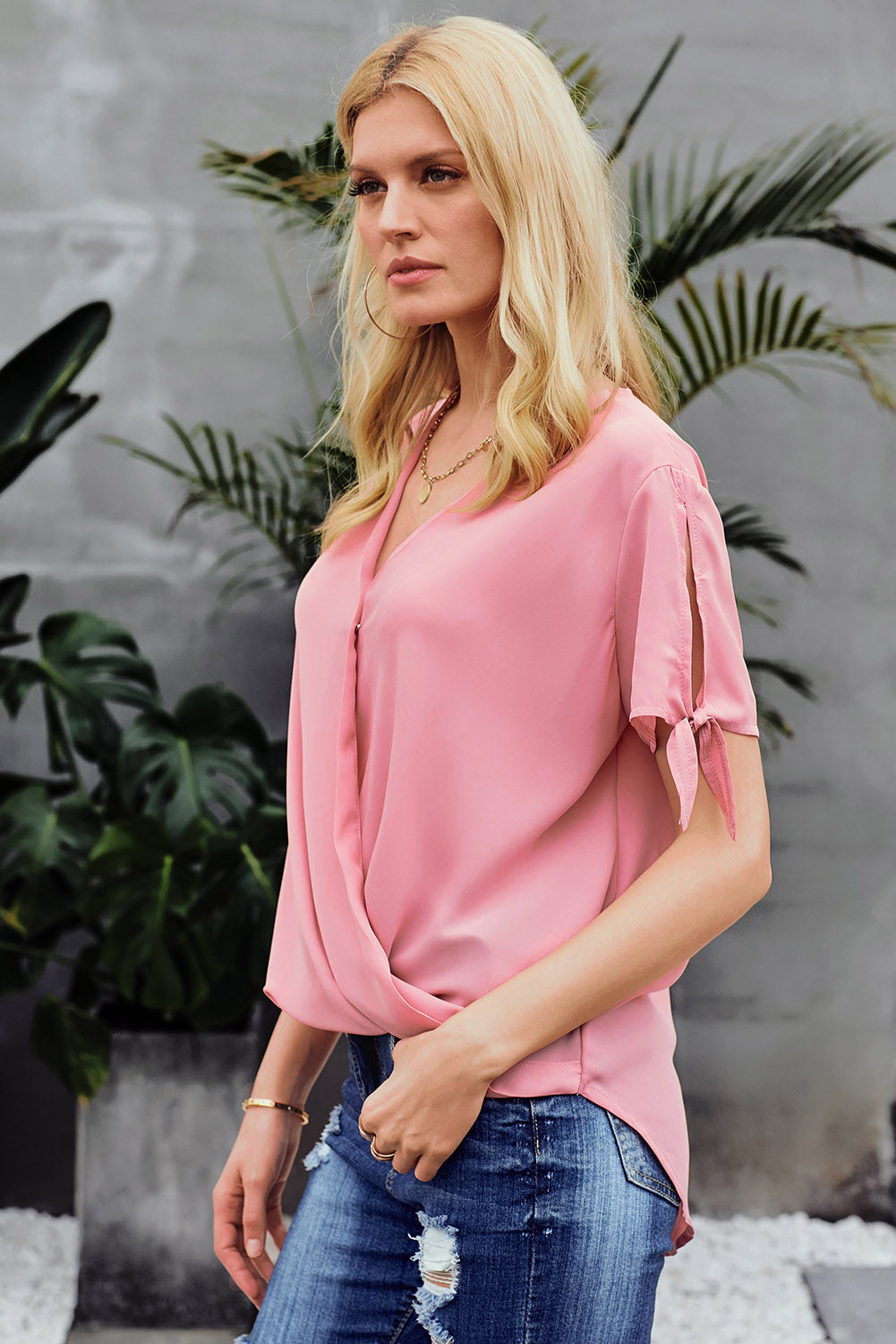 Women's Elegant Pink Charismatic Drape Short-Sleeve Blouse