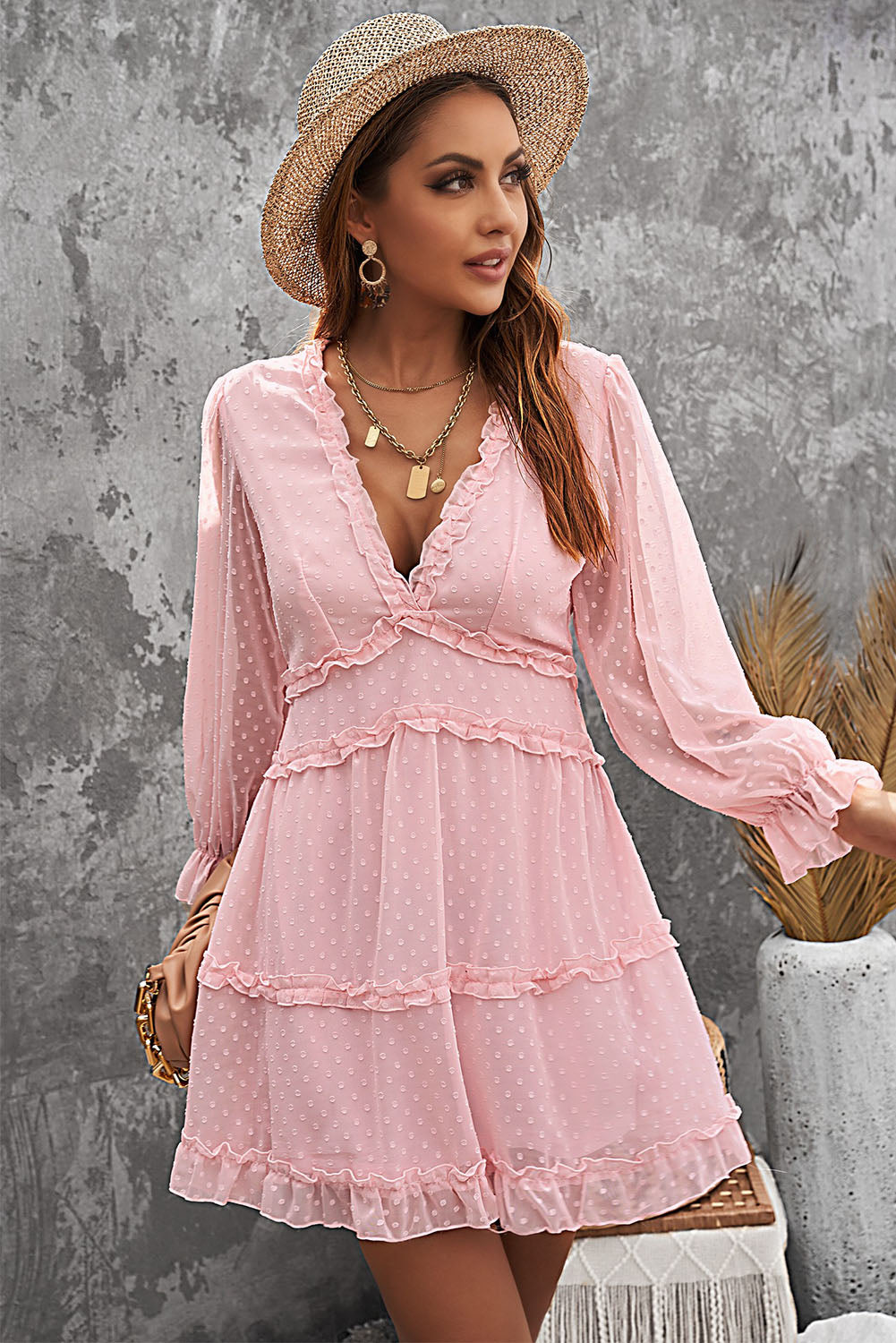 Women's V Neck Balloon Sleeve Swiss Dot Pink Layered Ruffle-Trimmed Open-Back Mini Dress