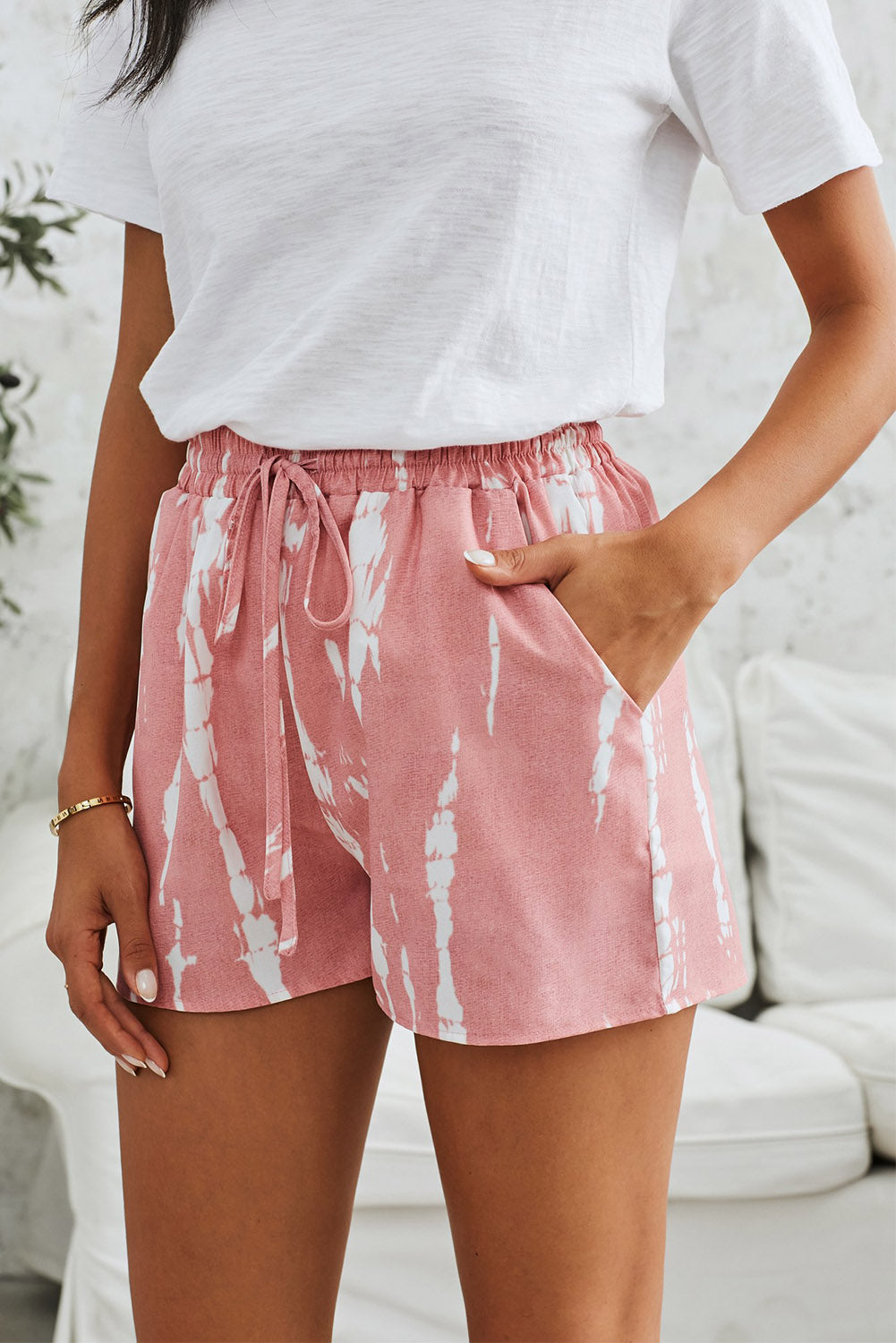 Women's Shorts Featuring Drawcord Everyday Pink White Tie Dye