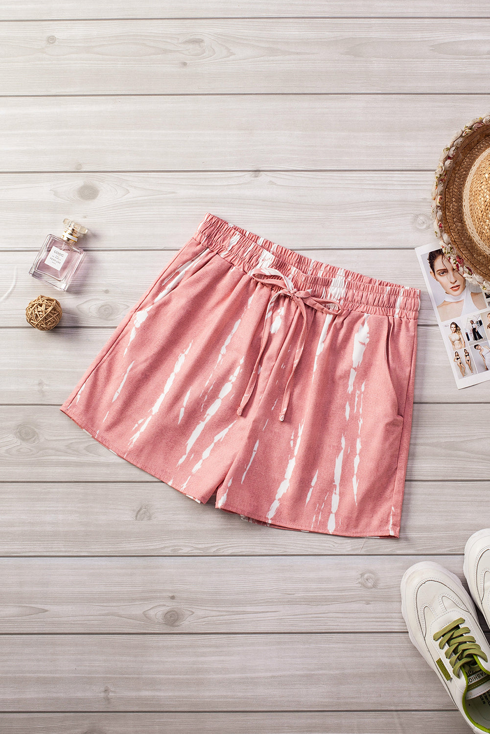 Women's Shorts Featuring Drawcord Everyday Pink White Tie Dye