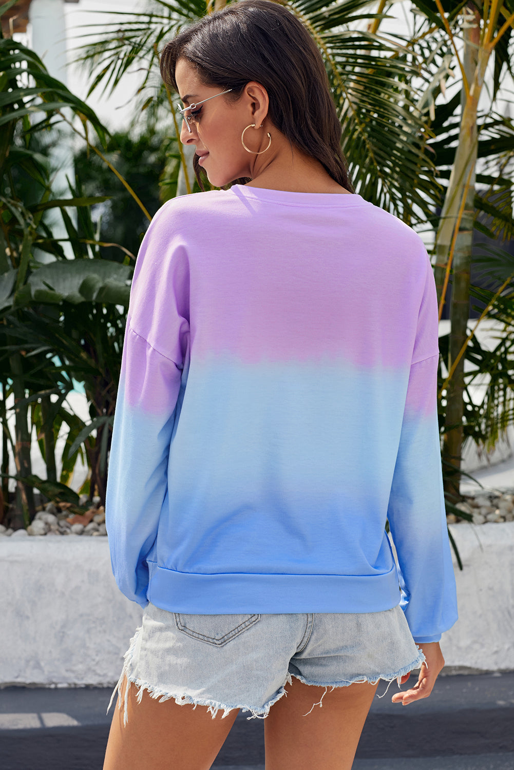 Women's Pullover Sweatshirt Featuring Tie Dye Purple Blue Color-Block