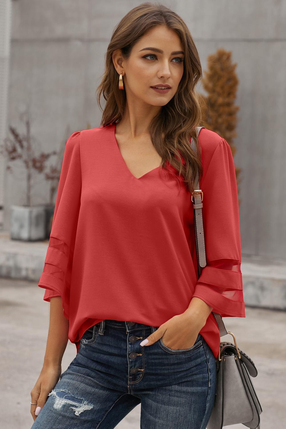 Women's Loose Women's Chiffon Red Flare Sleeve V Neck Blouse