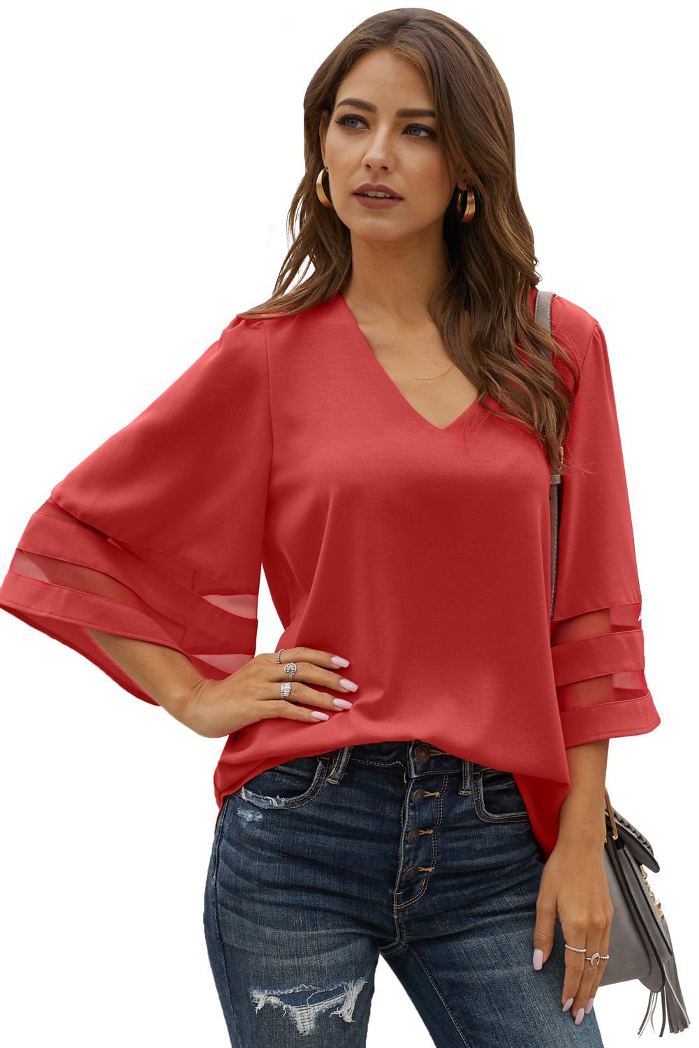 Women's Loose Women's Chiffon Red Flare Sleeve V Neck Blouse