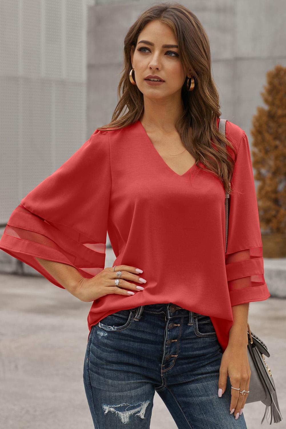Women's Loose Women's Chiffon Red Flare Sleeve V Neck Blouse
