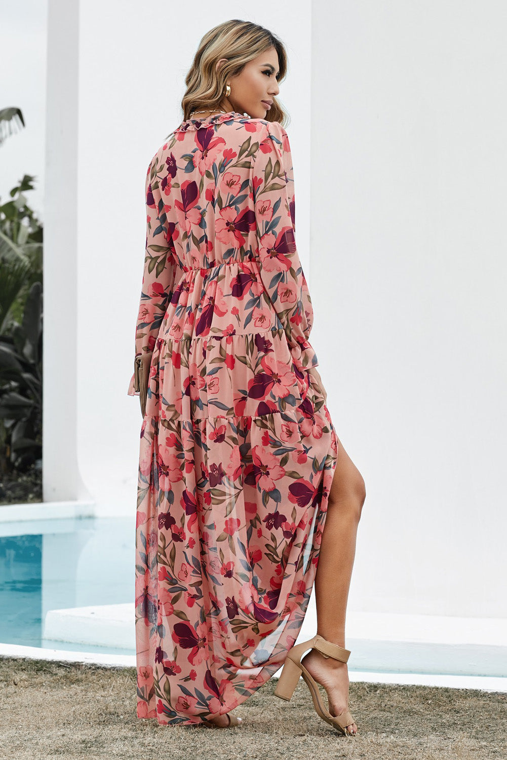 Women's Red Floral-Print Long-Sleeve Maxi Dress