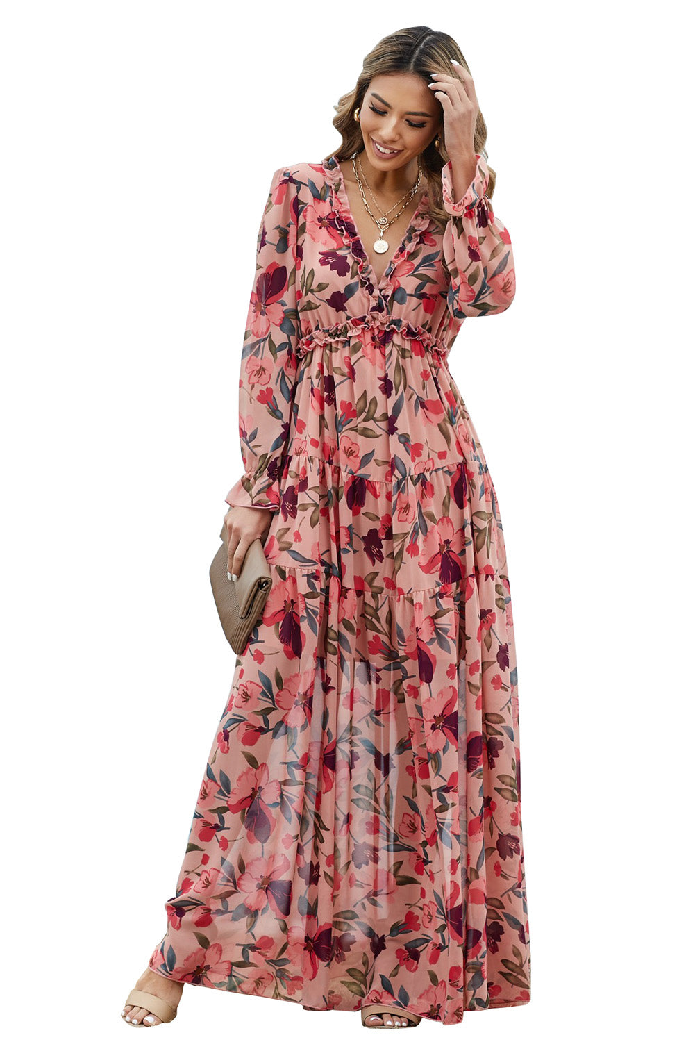 Women's Red Floral-Print Long-Sleeve Maxi Dress