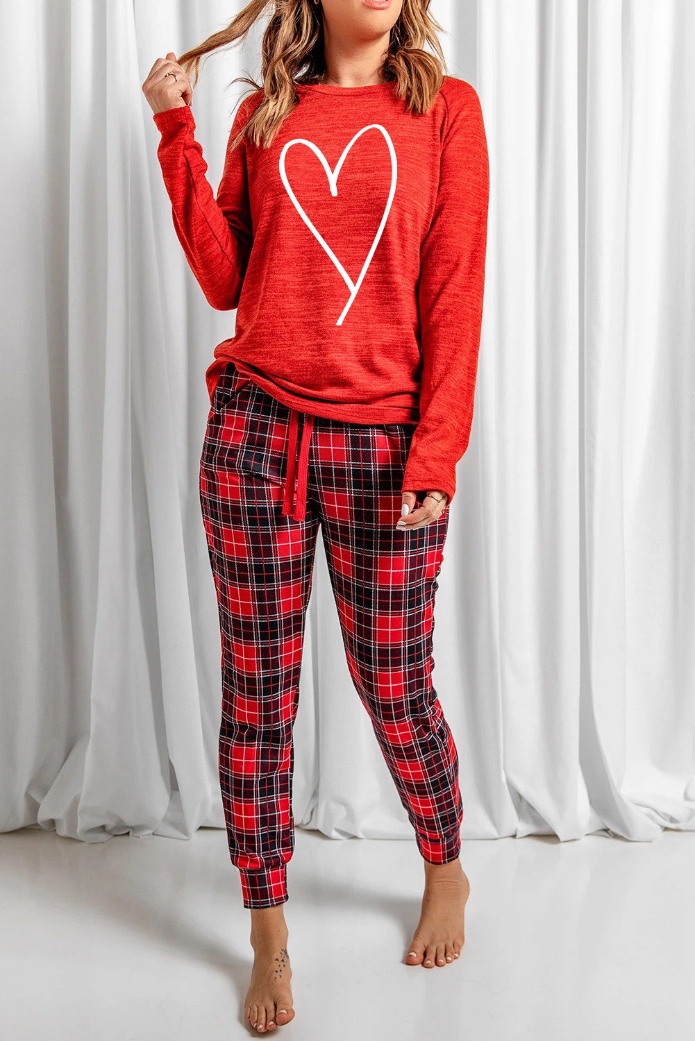 Women's Plaid Lounge Red Heart Print Set