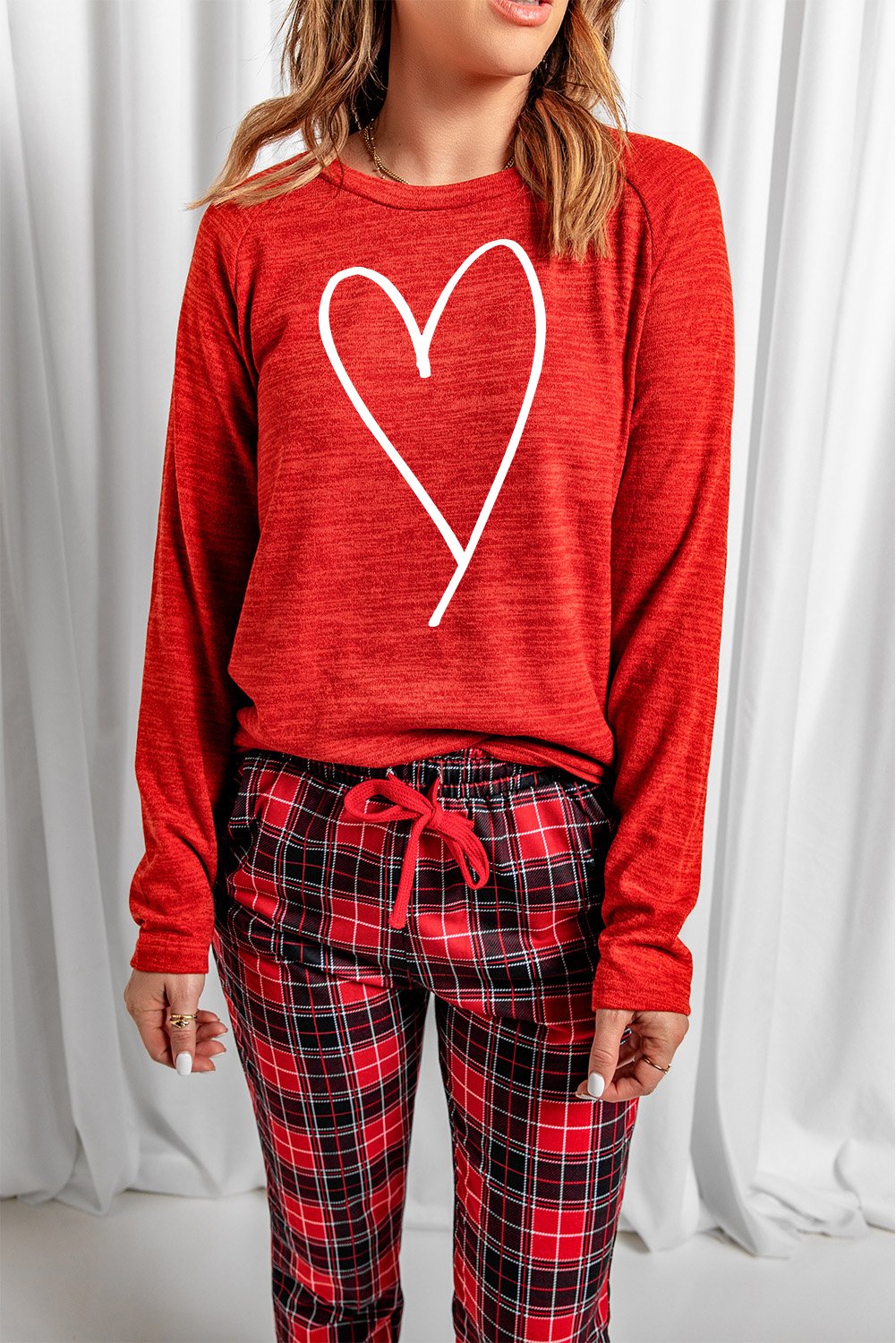 Women's Plaid Lounge Red Heart Print Set