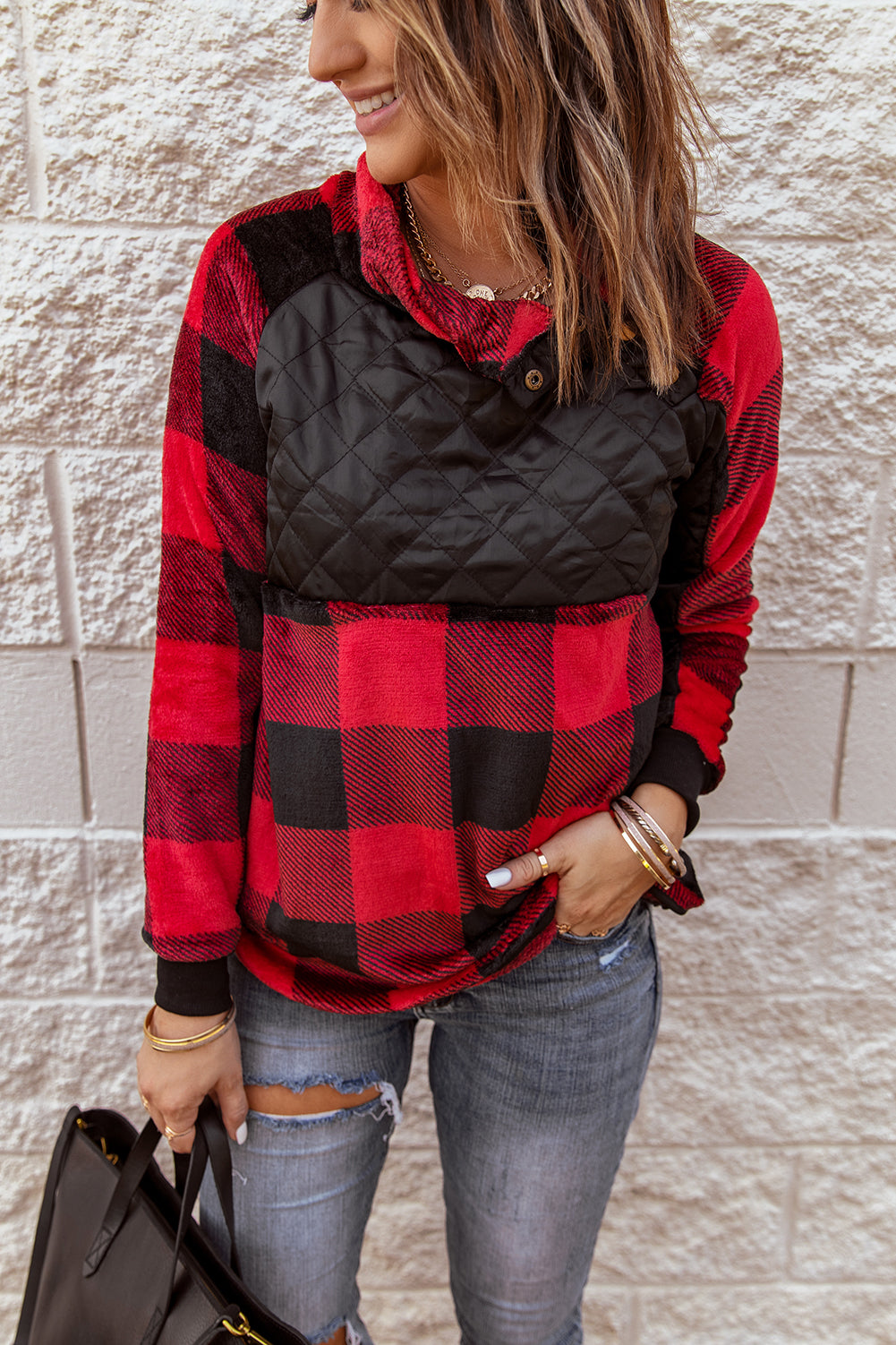 Sweatshirt for Women Paneled Red Plaid
