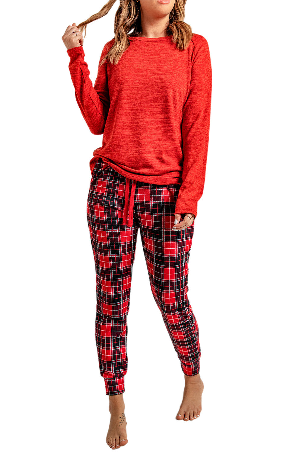 Women's Loungewear with Pants Red Top and Plaid