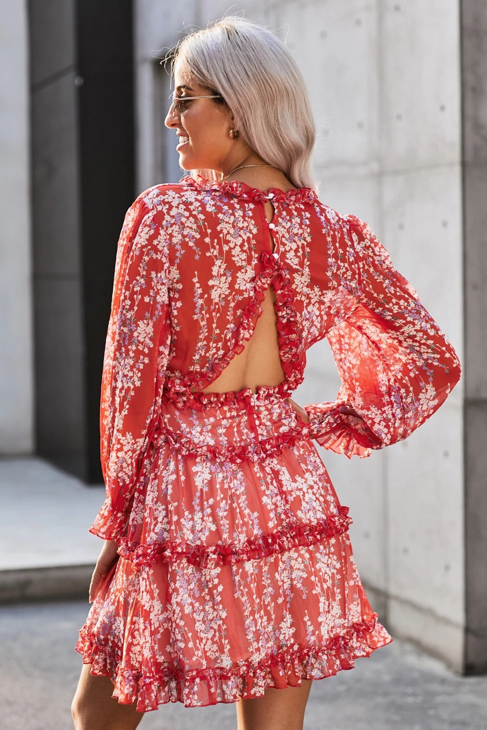 Women's Red Ruffle-Trimmed Detailing Long-Sleeve Open-Back Floral-Print Dress
