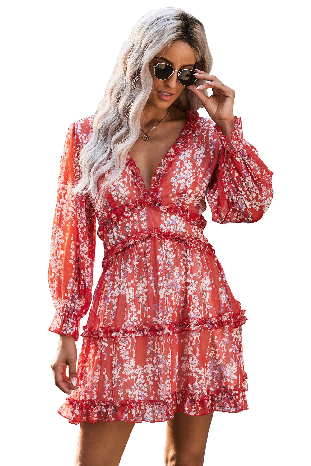 Women's Dress Featuring White Ruffle-Trimmed Detailing V-neck Open-Back Floral-Print