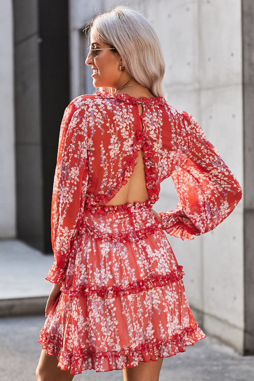 Women's Dress Featuring White Ruffle-Trimmed Detailing V-neck Open-Back Floral-Print
