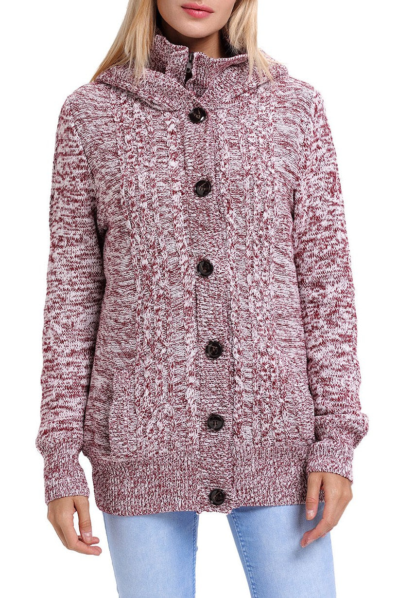 Women's Cardigans with Hooded Kint Red Long-Sleeve Button-Front