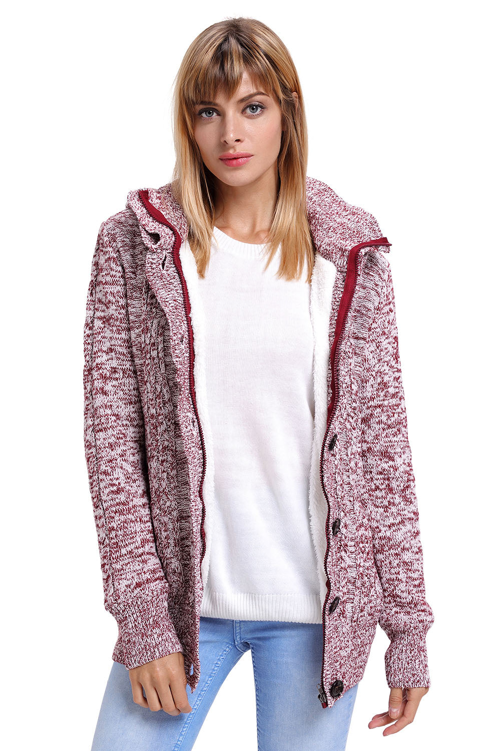 Women's Cardigans with Hooded Kint Red Long-Sleeve Button-Front