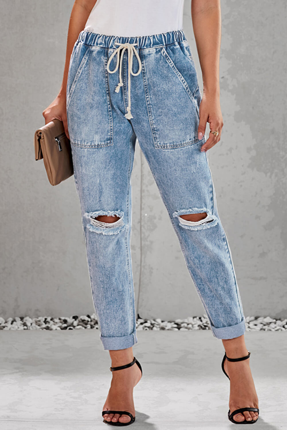 Women's Jogger Featuring Hole Denim Sky Blue Gather Round Distressed Pocket-Detail