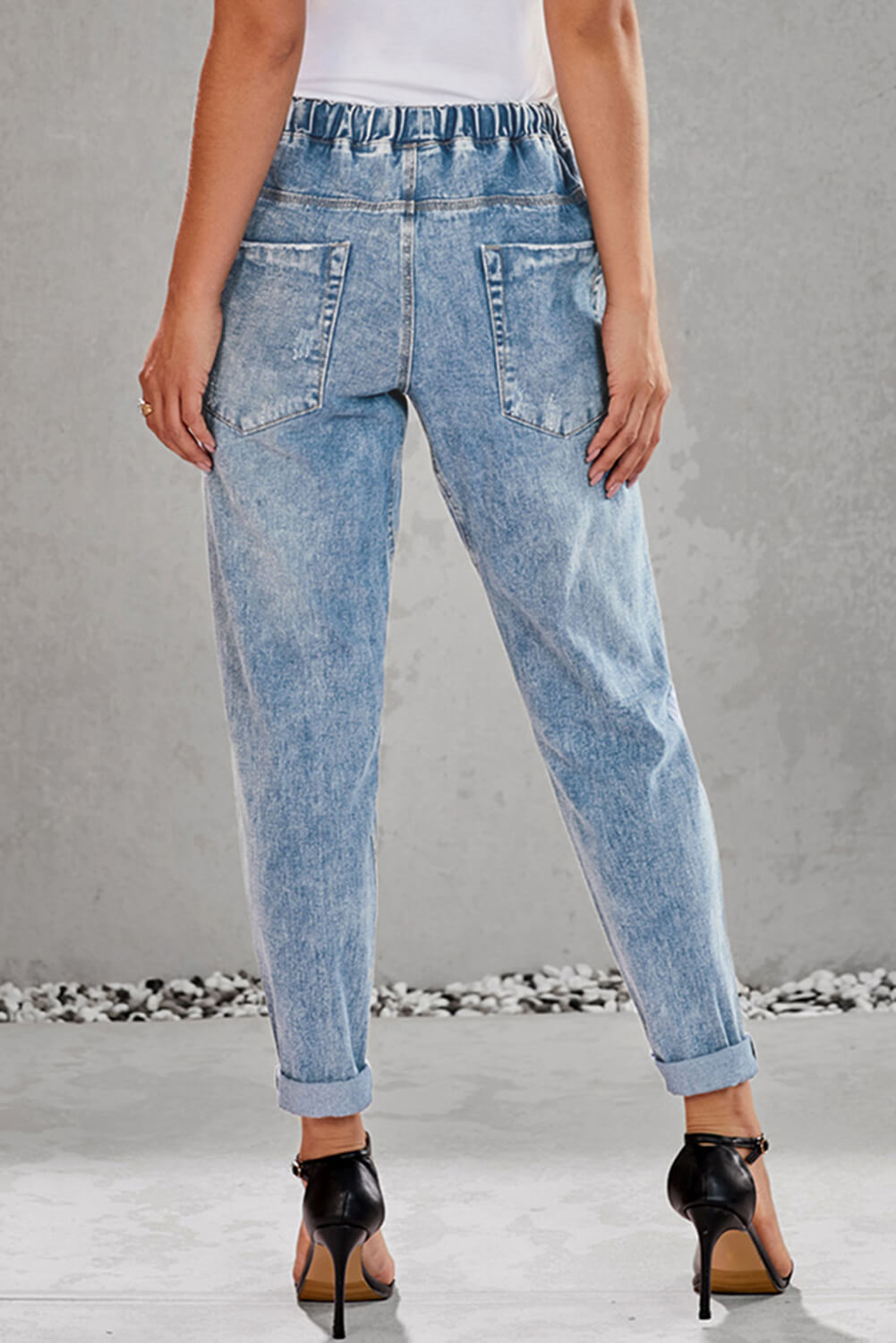 Women's Jogger Featuring Hole Denim Sky Blue Gather Round Distressed Pocket-Detail