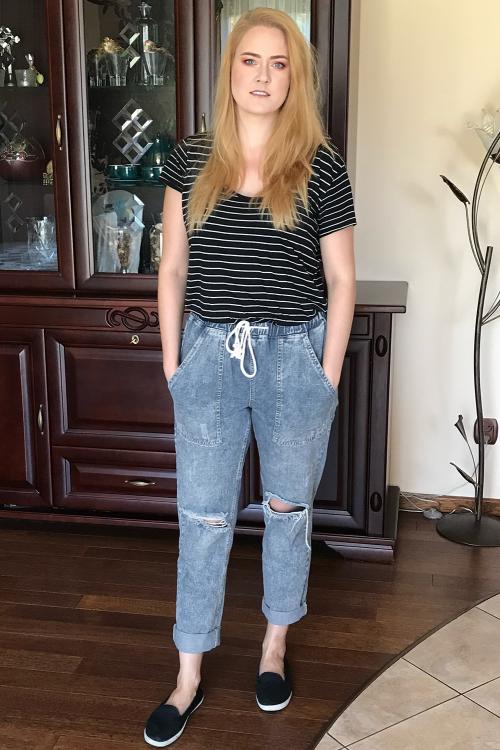 Women's Jogger Featuring Hole Denim Sky Blue Gather Round Distressed Pocket-Detail