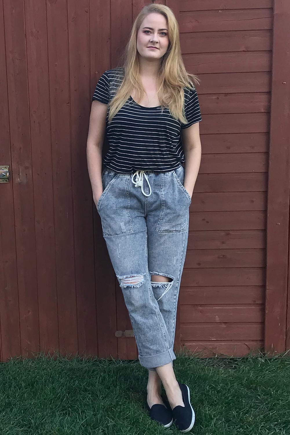 Women's Jogger Featuring Hole Denim Sky Blue Gather Round Distressed Pocket-Detail