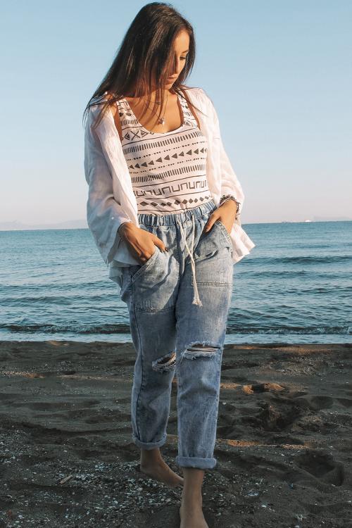 Women's Jogger Featuring Hole Denim Sky Blue Gather Round Distressed Pocket-Detail