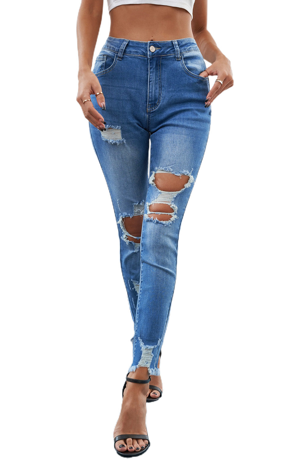 Women's Jeans Featuring Distressed Slim-Fit