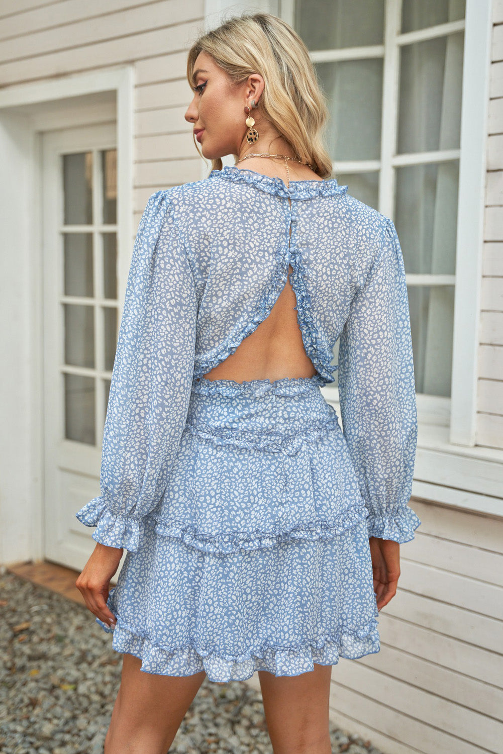 Women's Dress Featuring Floral-Print Sky Blue Ruffle-Trimmed Detailing V-neck Open-Back