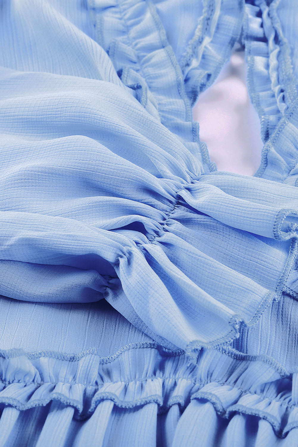 Women's Dress Featuring Ruffle-Trimmed Detailing Open-Back Long-Sleeve Sky Blue V Neck