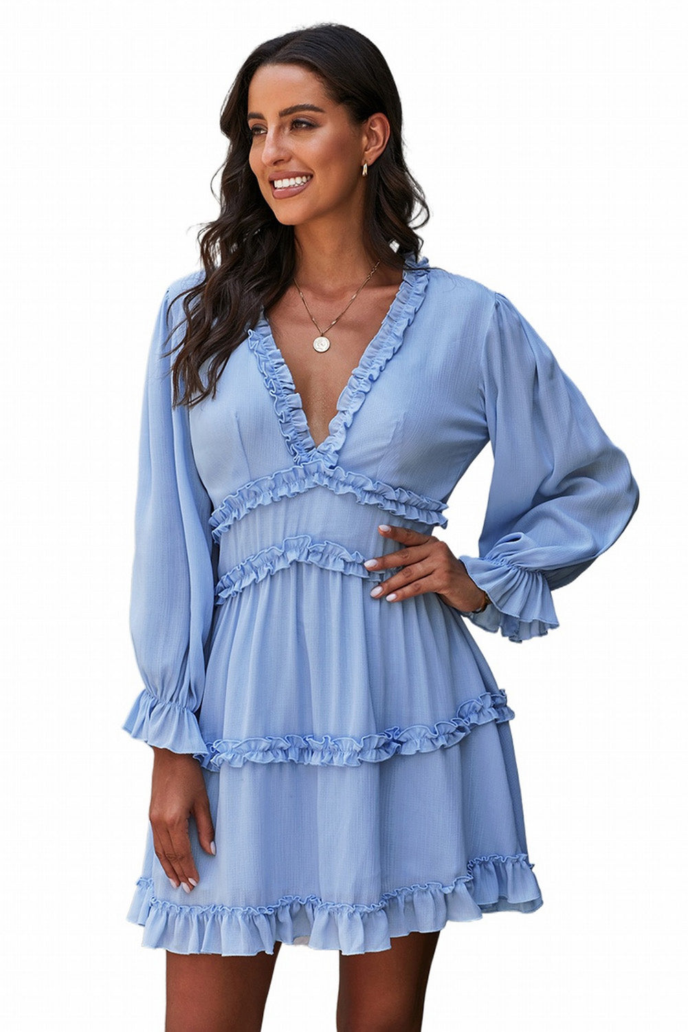Women's Dress Featuring Ruffle-Trimmed Detailing Open-Back Long-Sleeve Sky Blue V Neck