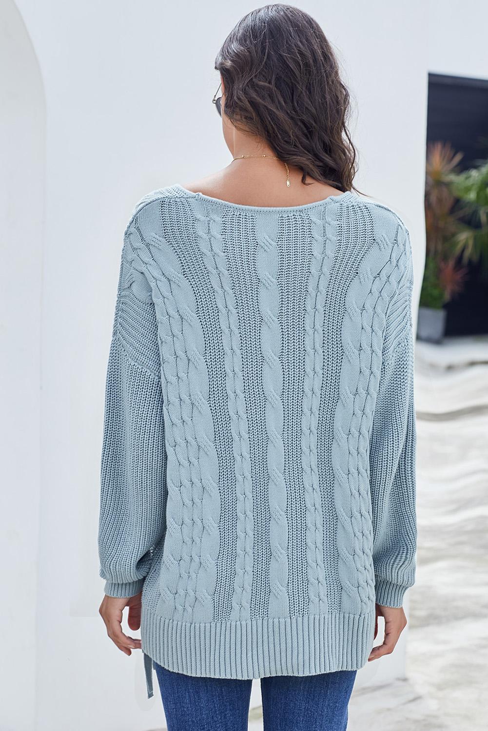 Knit Sweater for Women Love Letters Lace-Trimmed Up Cable Sky Blue