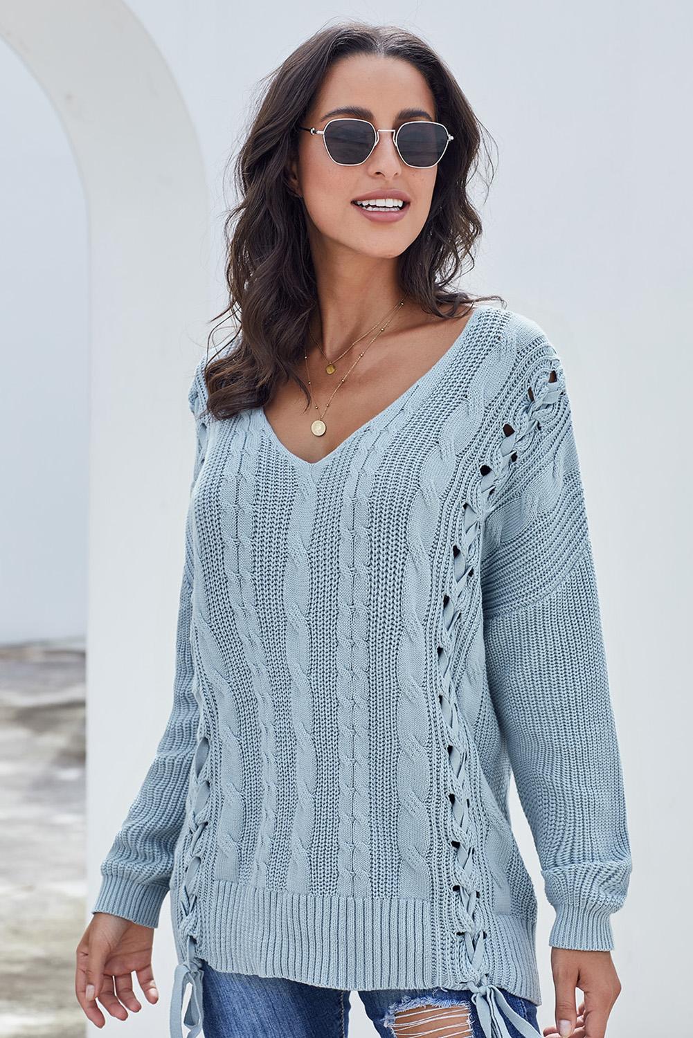 Knit Sweater for Women Love Letters Lace-Trimmed Up Cable Sky Blue