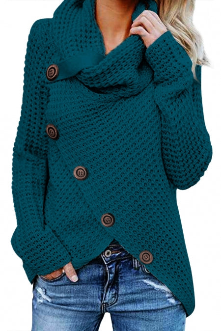 Women's Turtleneck Sweater Featuring Slate Blue Button-Front Wrap