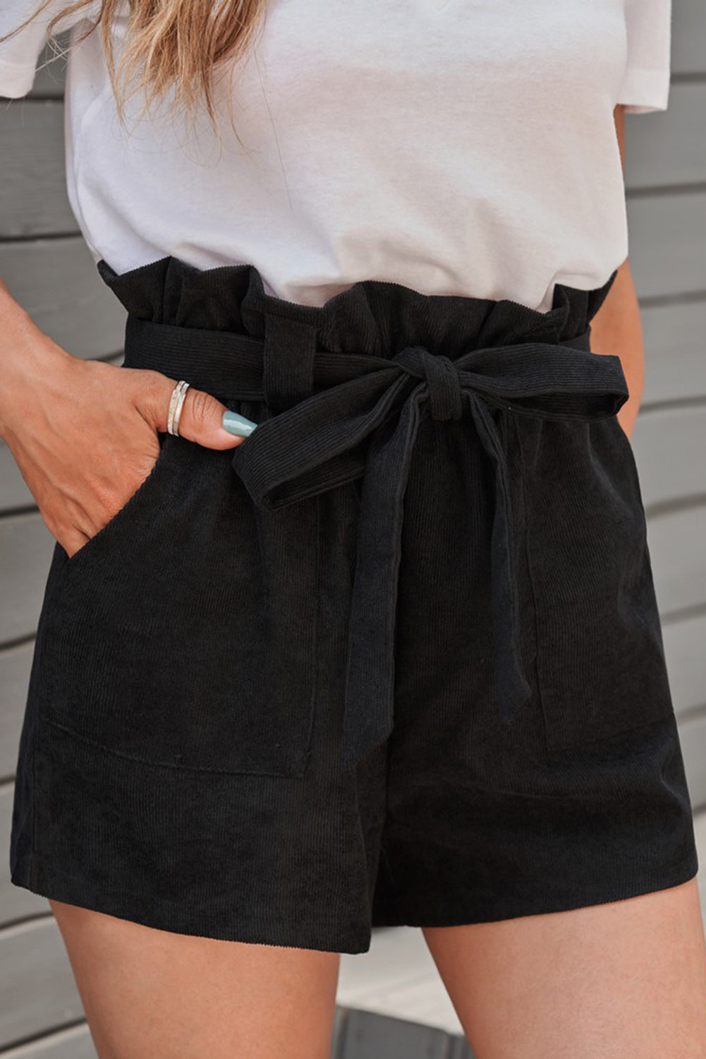 Shorts for Women Summer Black Cotton Blend Pocket-Detail Knitted