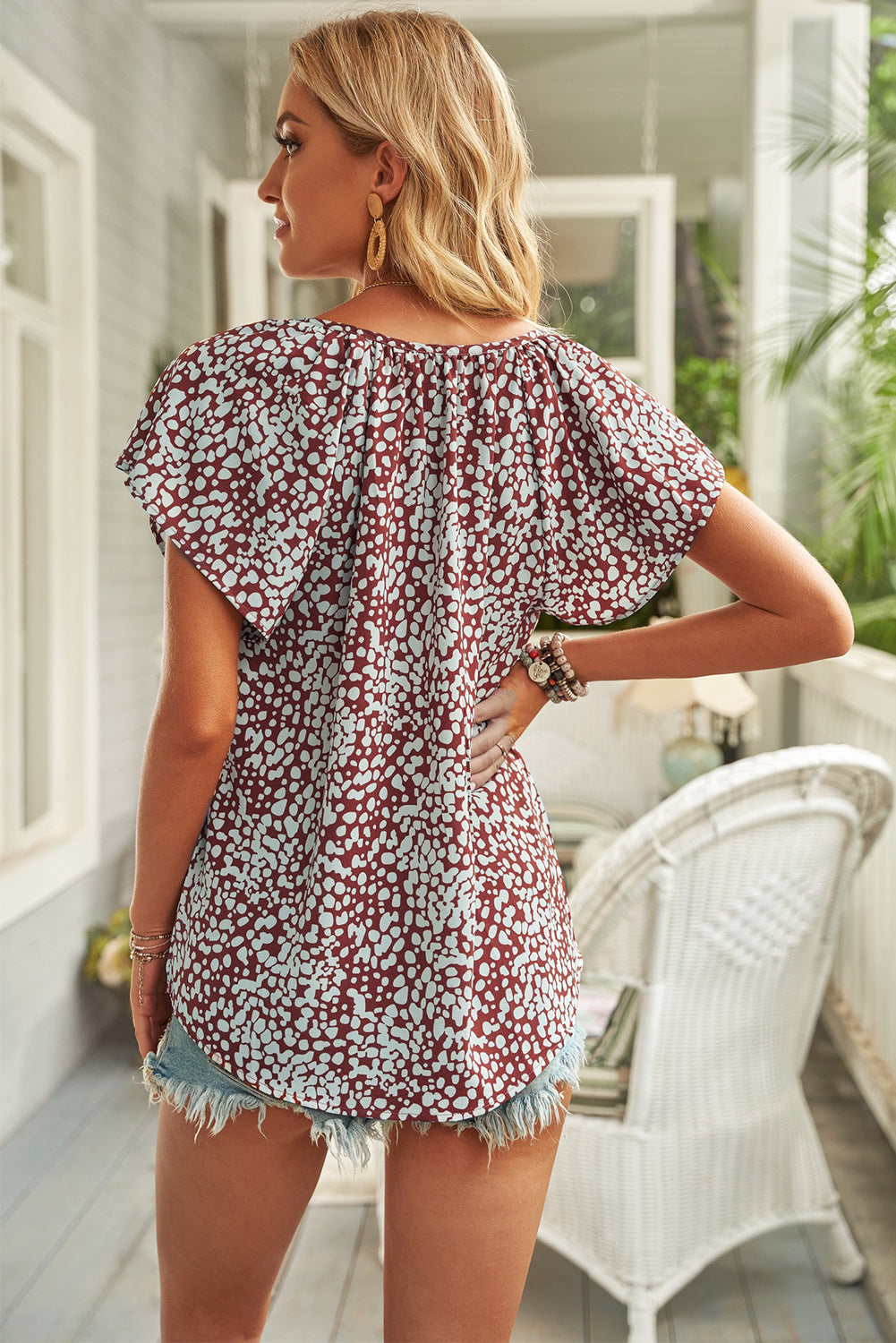 Blouse for Women Summer Brown V-neck Short-Sleeve Fashion Print Fantasy Fluttering