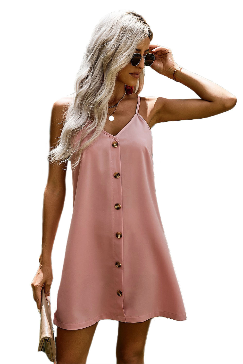 Women's Slip Summer Pink Spaghetti Strap Button-Front Dress
