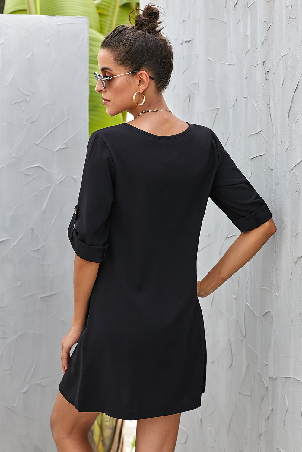 Women's Dress with Button Front Roll up Tab Sleeve Black Everyday V Neck